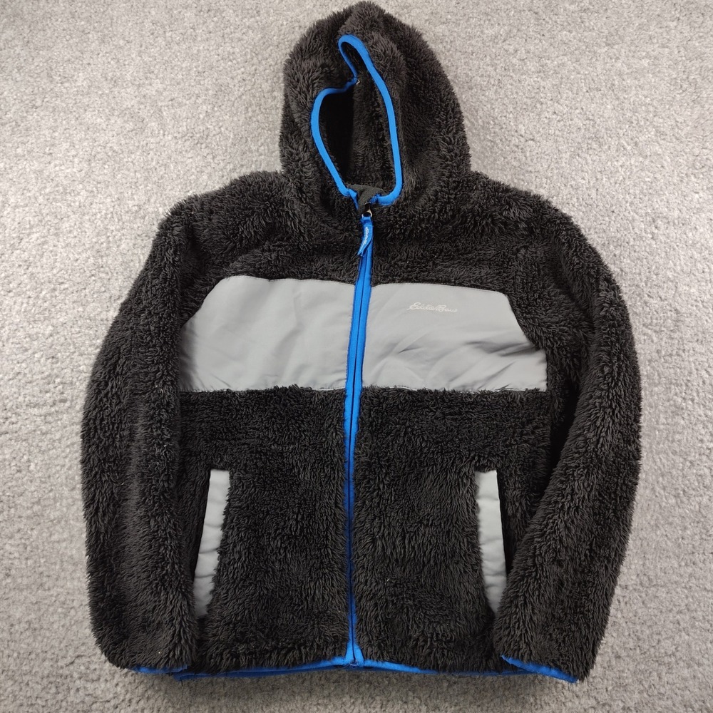 Eddie Bauer Black Sherpa Plush Fleece Hooded Jacket Blue Trim Boys 7/8